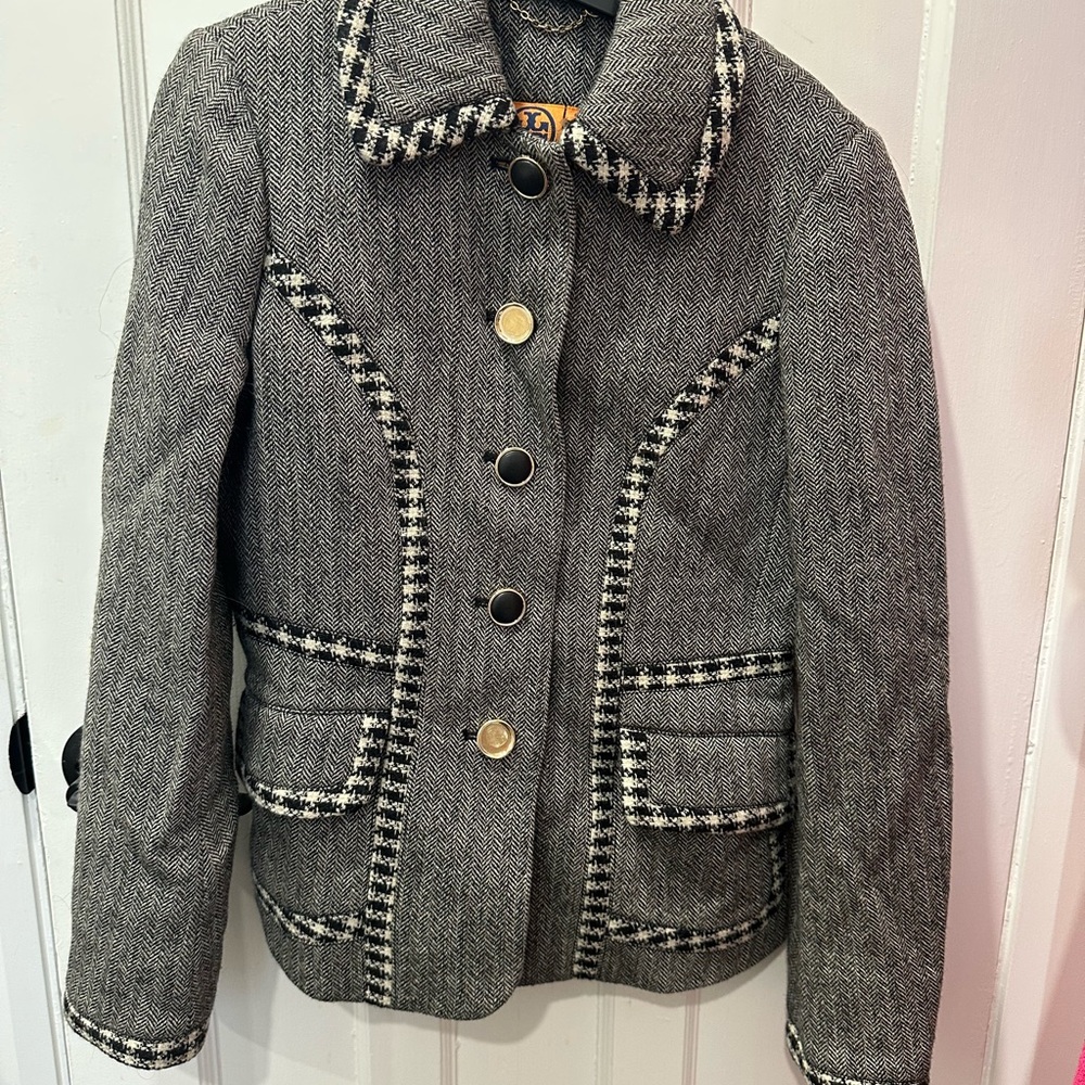 Tory Burch Gray Blazer with Black and White Accents